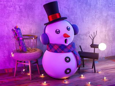Cartoon Snowman Scene with Top Hat Purple Earmuffs Plaid Scarf Wicker Chair String Lights 3d model