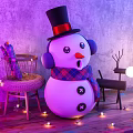 Cartoon Snowman Scene with Top Hat Purple Earmuffs Plaid Scarf Wicker Chair String Lights