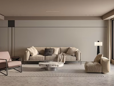 Modern Living Room Interior Design With Sofa Pillows Pink Chair And Marble Coffee Table 3d model