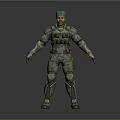 Man in Military Camouflage Uniform with Tactical Gear Standing Against Gray Background