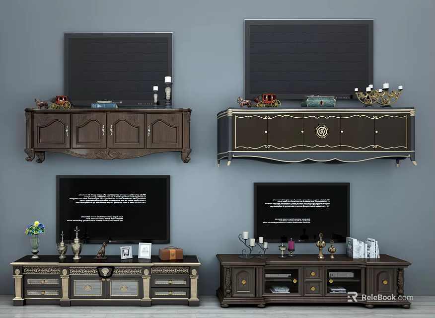 Dark Wood TV Stands With Drawers Cabinet Doors And Decorative Items 3d model 