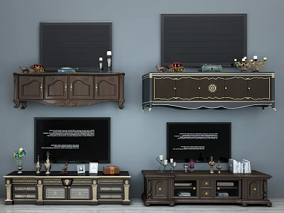 Dark Wood TV Stands With Drawers Cabinet Doors And Decorative Items 3d model