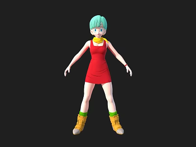 Game And Movie Character With Blue Green Hair Red Dress Yellow Scarf And Yellow Boots 3d model