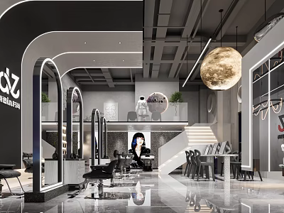 Modern Hair And Beauty Salon Interior Design With Stylish Mirrors Chairs And Pendant Lights 3d model