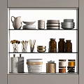 Various Stylish Spice Jars On Kitchen Shelf With Organized Storage And Utensils