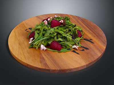 Fresh Arugula Salad on Wooden Board with Raspberries Cheese and Balsamic Glaze Drizzle 3d model