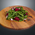 Fresh Arugula Salad on Wooden Board with Raspberries Cheese and Balsamic Glaze Drizzle