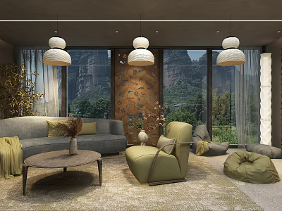 Serene Hotel Public Lounge Area With Gray Sofa Green Armchair And Mountain View Through Windows 3d model