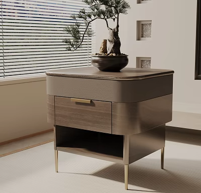 Elegant Wooden Bedside Table With Drawer Golden Legs And Potted Plant By Window Blinds 3d model