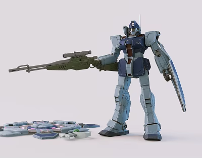 Detailed Blue Mecha Robot Model Holding Rifle Shield And Scattered Parts 3d model