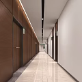 Elevator Corridor Interior With Wooden Doors Ceiling Lights And Decorative Wall Art 3d model