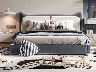 Modern Double Bed With Blue Upholstered Headboard And Decorative Pillows In Cozy Bedroom 3d model