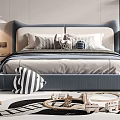 Modern Double Bed With Blue Upholstered Headboard And Decorative Pillows In Cozy Bedroom