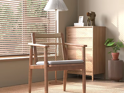 Gray Cushioned Rattan Back Wooden Frame Leisure Chair by Window with Blinds Dresser and Plant 3d model