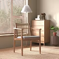 Gray Cushioned Rattan Back Wooden Frame Leisure Chair by Window with Blinds Dresser and Plant