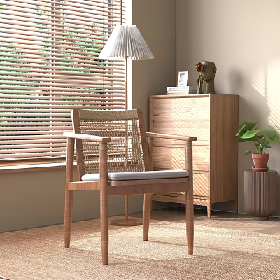 Gray Cushioned Rattan Back Wooden Frame Leisure Chair by Window with Blinds Dresser and Plant 3d model