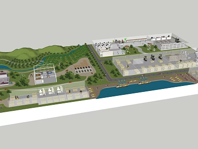 Scenic Landscape With Green Hills Flowing River And Developed Buildings Along Roads 3d model