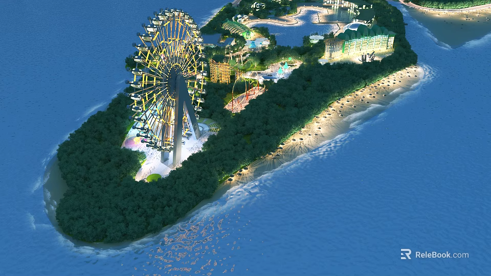 Aerial Planning of Scenic Island Resort with Ferris Wheel Beach and Lush Greenery 3d model 