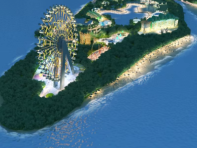 Aerial Planning of Scenic Island Resort with Ferris Wheel Beach and Lush Greenery 3d model