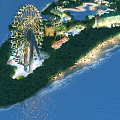 Aerial Planning of Scenic Island Resort with Ferris Wheel Beach and Lush Greenery