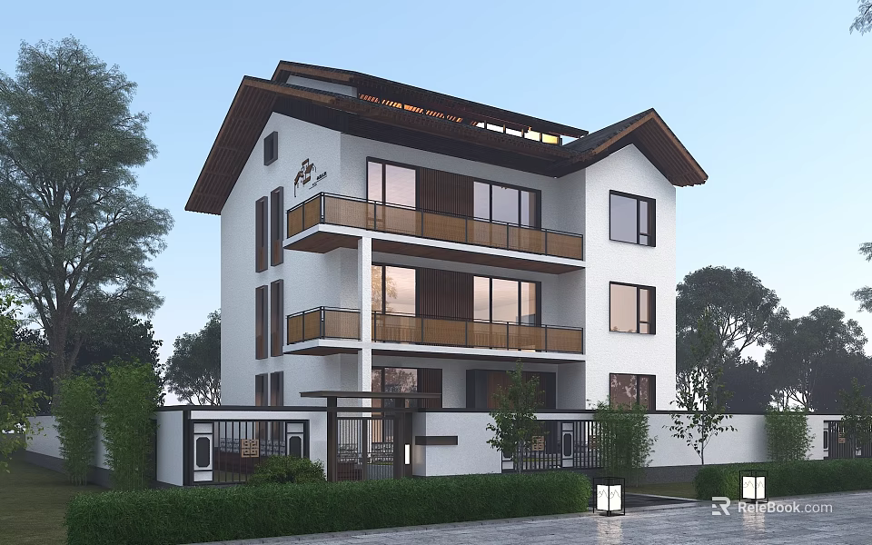 Modern Three Story Detached Villa With Balconies Glass Windows And Greenery Lawn 3d model 