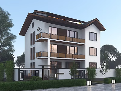 Modern Three Story Detached Villa With Balconies Glass Windows And Greenery Lawn 3d model