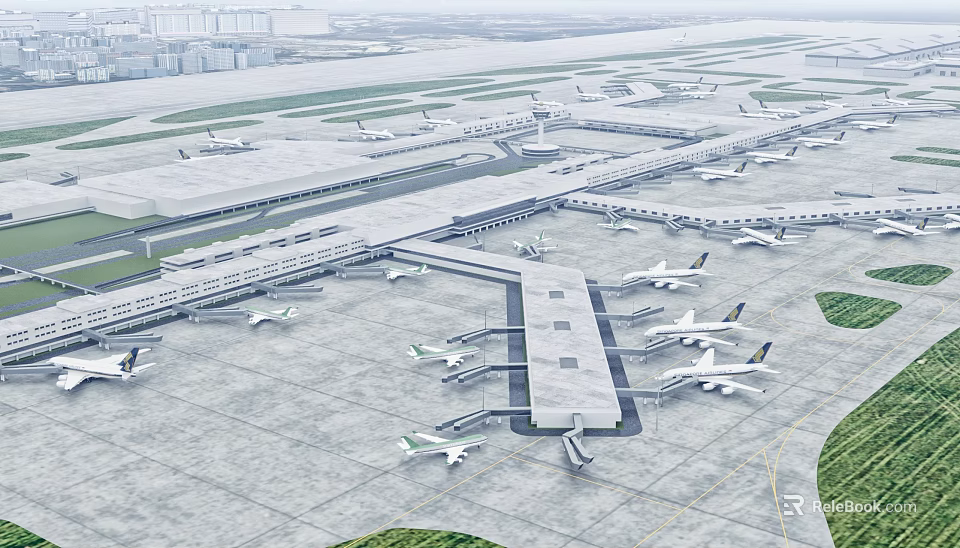 Aerial View Of Airport Terminal With Airplanes 3d model 