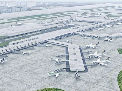 Aerial View Of Airport Terminal With Airplanes 3d model