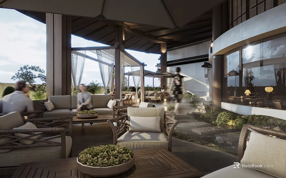 Outdoor Teahouse With Wooden Seating Canopy Structure Garden View And Relaxing Atmosphere 3d model 