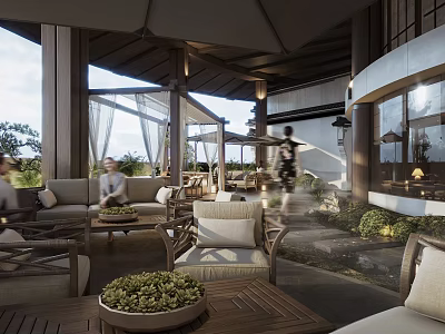Outdoor Teahouse With Wooden Seating Canopy Structure Garden View And Relaxing Atmosphere 3d model