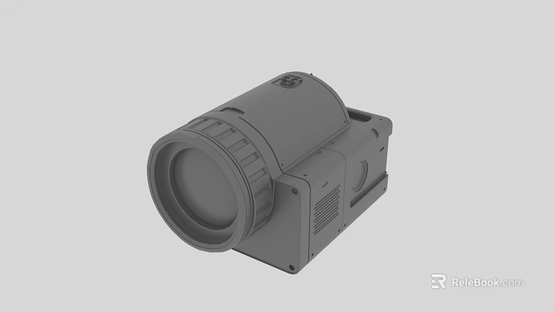 Gray Cylindrical Optical Device With Square Body And Heat Sink Vents 3d model 