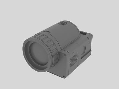 Gray Cylindrical Optical Device With Square Body And Heat Sink Vents 3d model