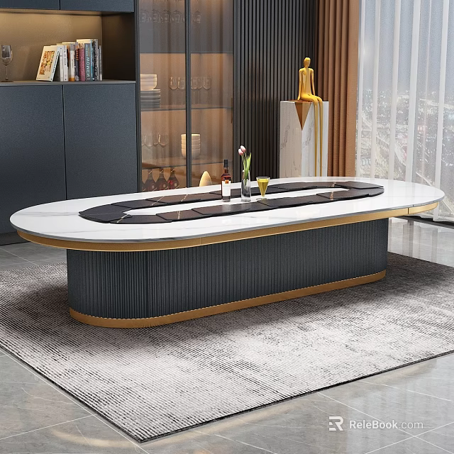 Modern Oval Dining Table Featuring White Marble Top Black Center And Golden Vertical Stripe Base 3d model 