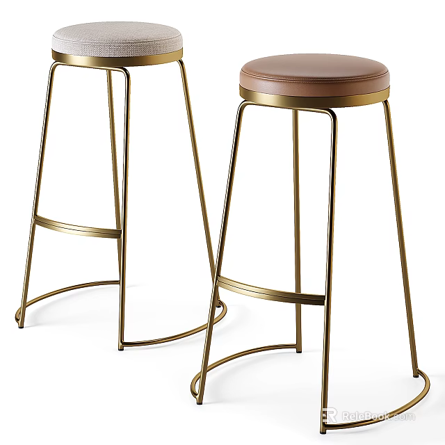 Modern Style Bar Stools Featuring Gold Metal Frames And Brown Padded Seats For Kitchen Counter 3d model 