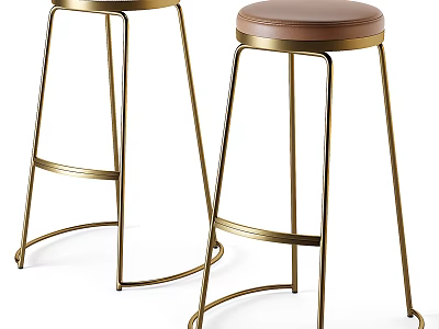 Modern Style Bar Stools Featuring Gold Metal Frames And Brown Padded Seats For Kitchen Counter 3d model