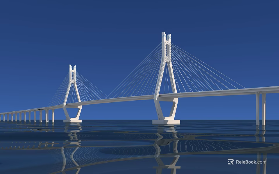 White Cable Stayed Bridge Spanning Water With Blue Sky And Reflection 3d model