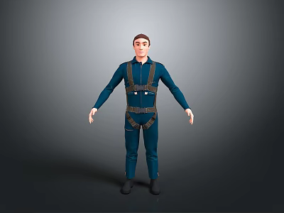 Game and Movie Character 3D Model in Blue Jumpsuit With Brown Harness Standing 3d model