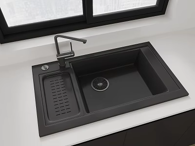 Black Kitchen Sink with Faucet and Drainer on White Countertop in Modern Kitchen 3d model