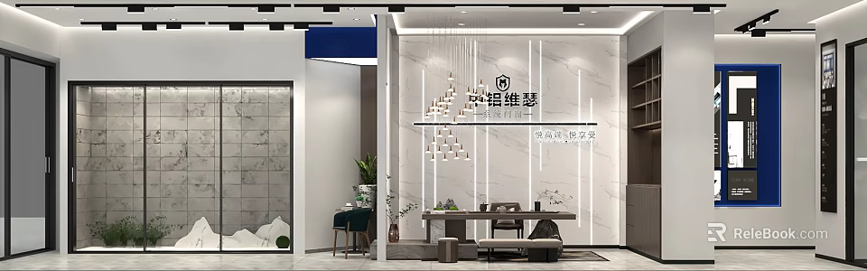 Modern Artistic Interior Design Studio With Marble Wall And Pendant Lights 3d model