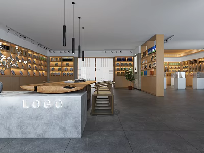 Modern Teahouse Interior Design With Wooden Counter Hanging Lights And Tea Shelves 3d model