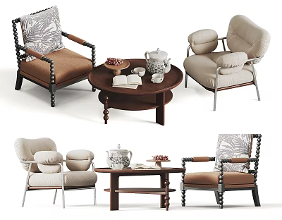 Modern Table and Chair Set with Stylish Armchairs Wooden Table and Decorative Cushions 3d model