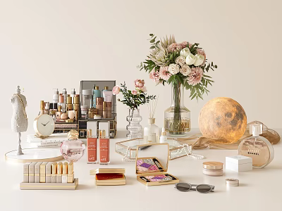 Elegant Perfume And Cosmetics Display With Lipsticks Eyeshadow Skincare Floral Vase And Moon Decor 3d model