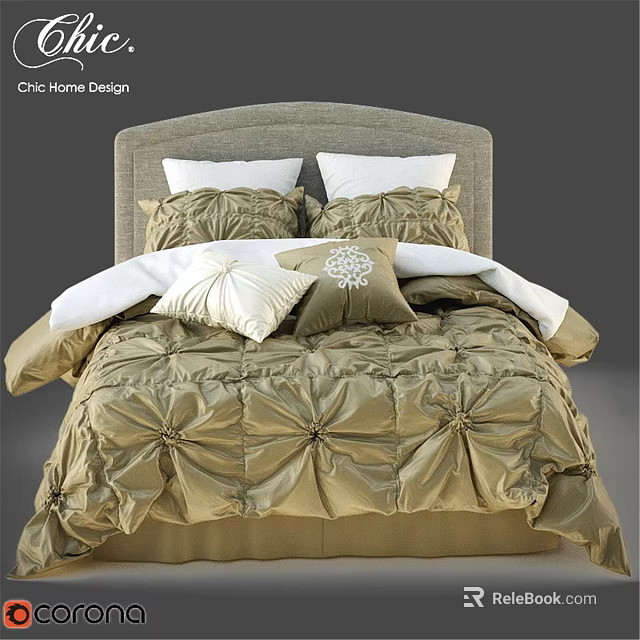 Chic Home Design Double Bed with Gray Headboard Golden Pleated Comforter White Pillows Decorative Cushions 3d model 