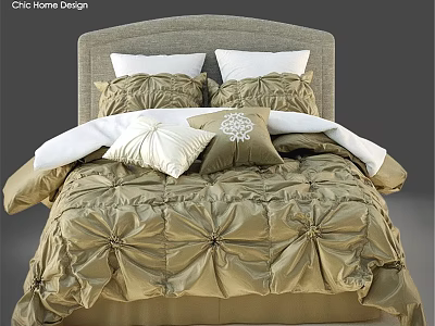 Chic Home Design Double Bed with Gray Headboard Golden Pleated Comforter White Pillows Decorative Cushions 3d model