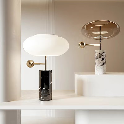 Elegant Modern Table Lamps With Black White Marble Bases Golden Stems And Round Shades 3d model