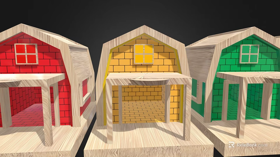 Colorful Wooden Toy Houses Featuring Red Yellow Green Exteriors Brick Walls Windows And Porches 3d model 