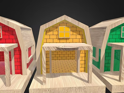 Colorful Wooden Toy Houses Featuring Red Yellow Green Exteriors Brick Walls Windows And Porches 3d model