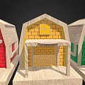 Colorful Wooden Toy Houses Featuring Red Yellow Green Exteriors Brick Walls Windows And Porches