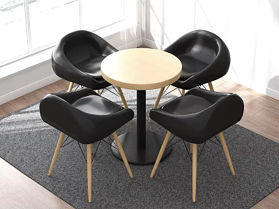Modern Round Dining Table With Black Chairs And Wooden Legs On Gray Rug 3d model
