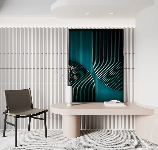 Stylish Teal Abstract Painting With Curved Lines In Modern Interior Console Table Chair And Vase 3d model 
